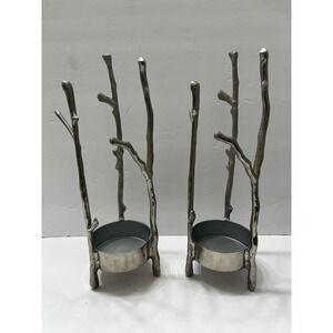 2 Silver Plated Aluminum Silver Tree Limb Pillar Candle Holders 14.5"